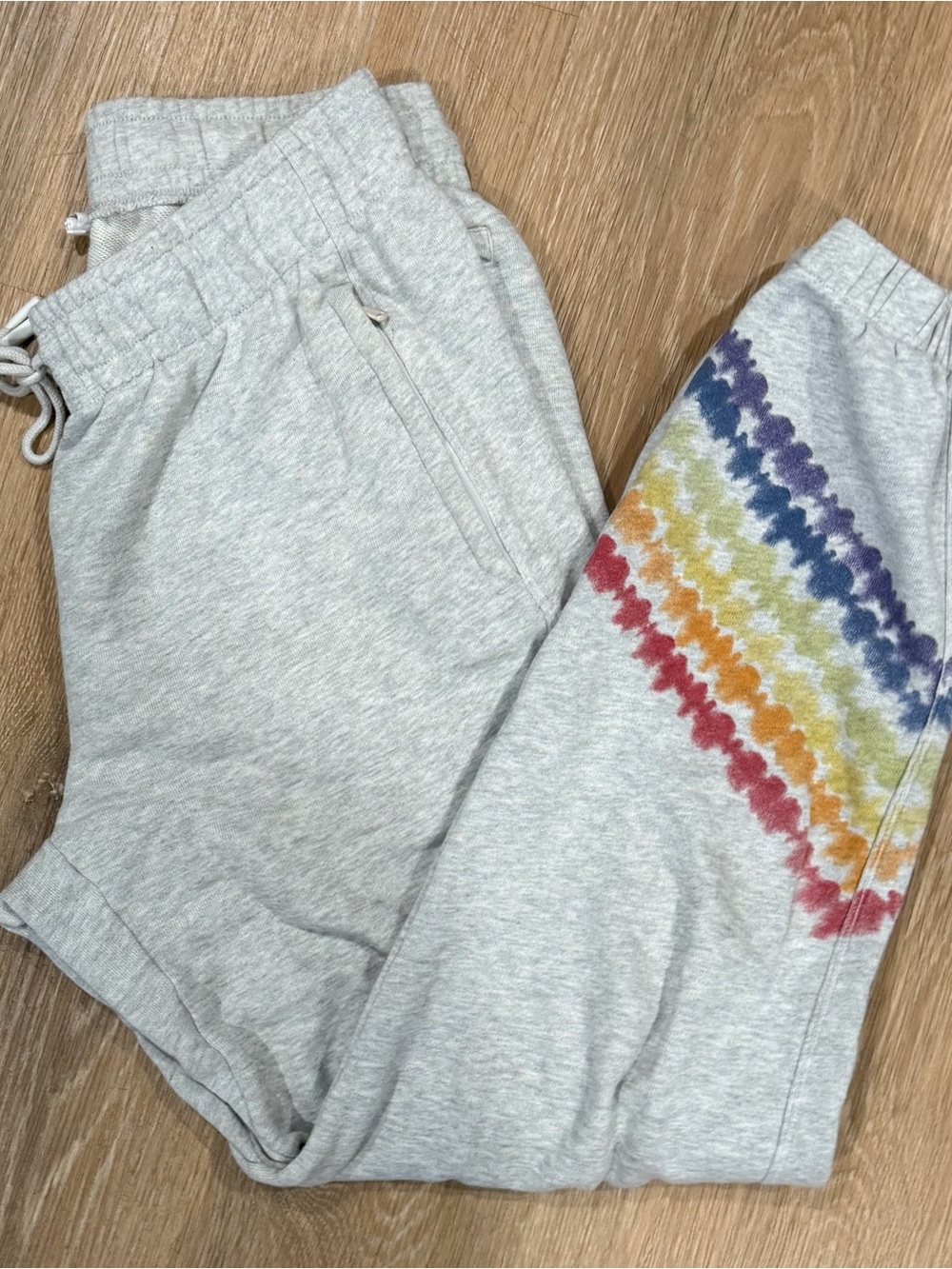 Fabletics Light Gray Joggers with Rainbow Chevron Accent